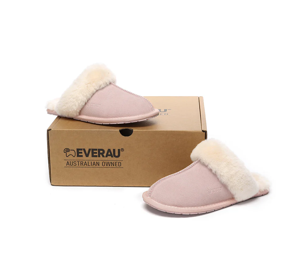 EVERAU? UGG Slippers Sheepskin Wool Suede Scuff Rosa