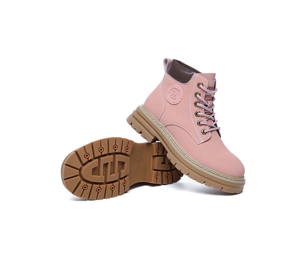 EVERAU? Women Leather Lace Up Chunky Boots Stephanie