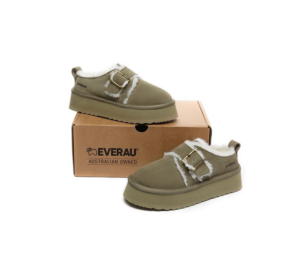 EVERAU? UGG Slippers Sheepskin Wool Adjustable Buckle Ankle Platform Tobias