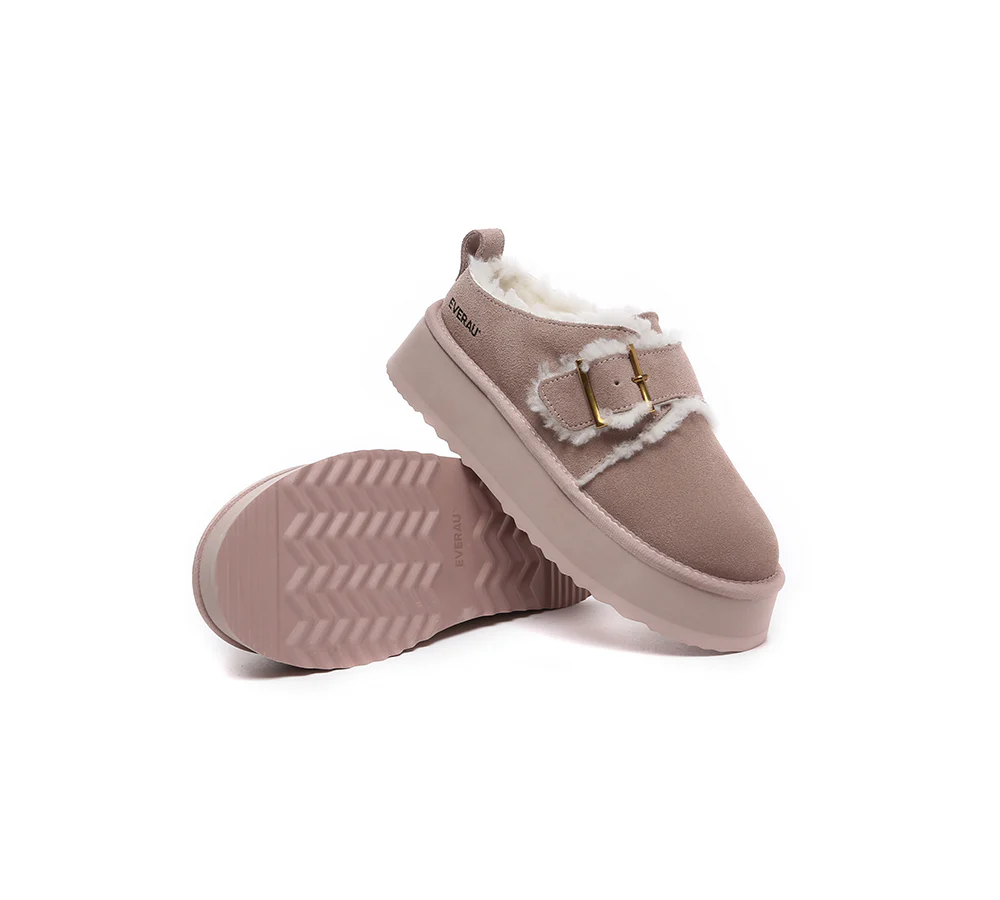 EVERAU? UGG Slippers Sheepskin Wool Adjustable Buckle Ankle Platform Tobias