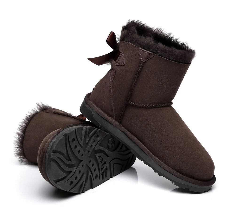 EVERAU? UGG Boots Women Sheepskin Wool Mini Single Back Bow