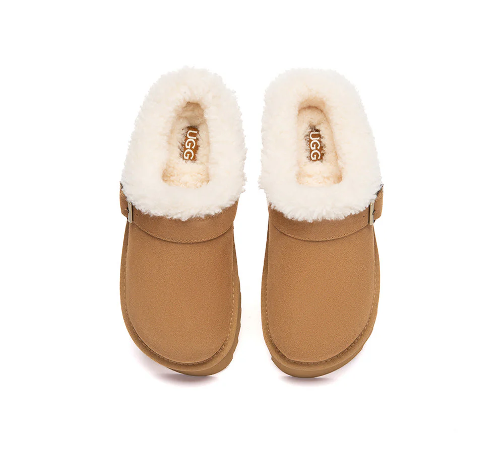AUSTRALIAN SHEPHERD? UGG Slippers Sheepskin Wool Adjustable Strap Platform Pulsey