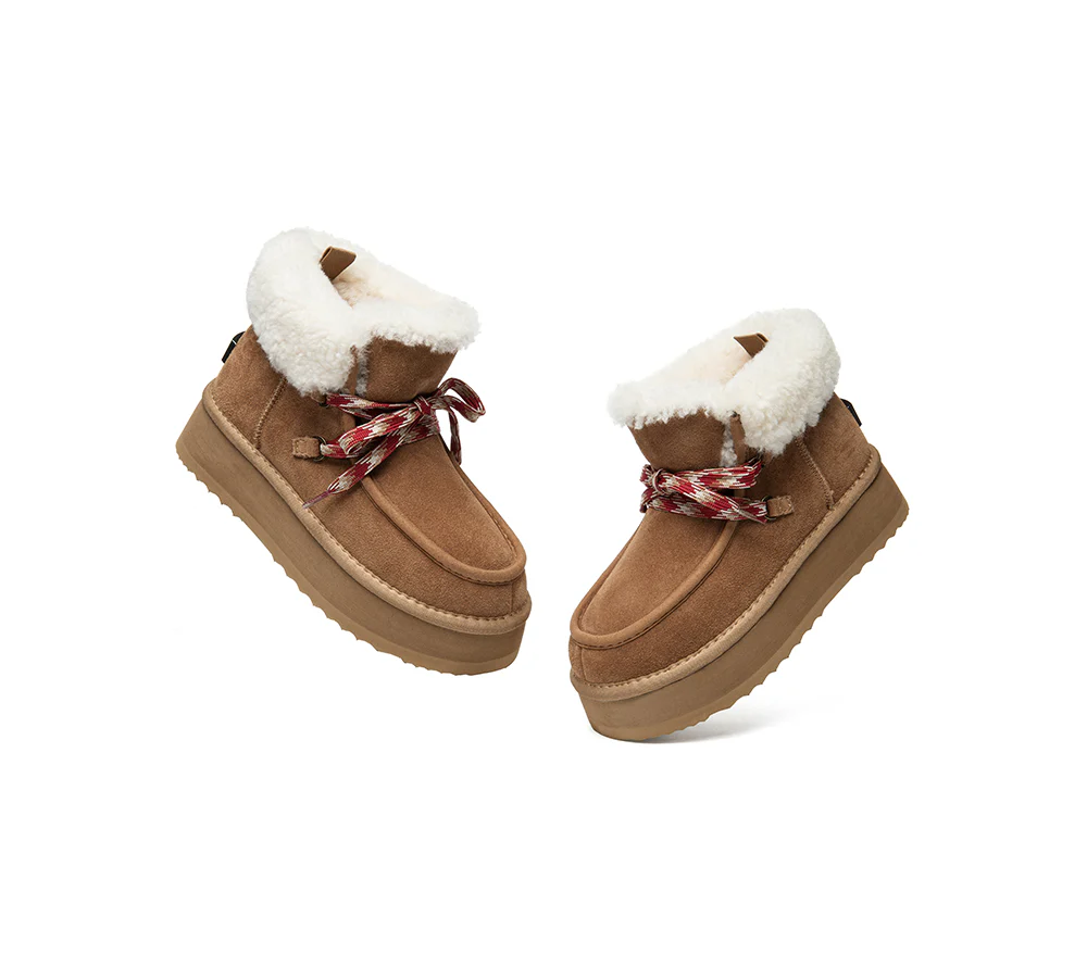 UGG EVERAU? UGG Boots Women Sheepskin Wool Lace Up Ankle Platform Honour