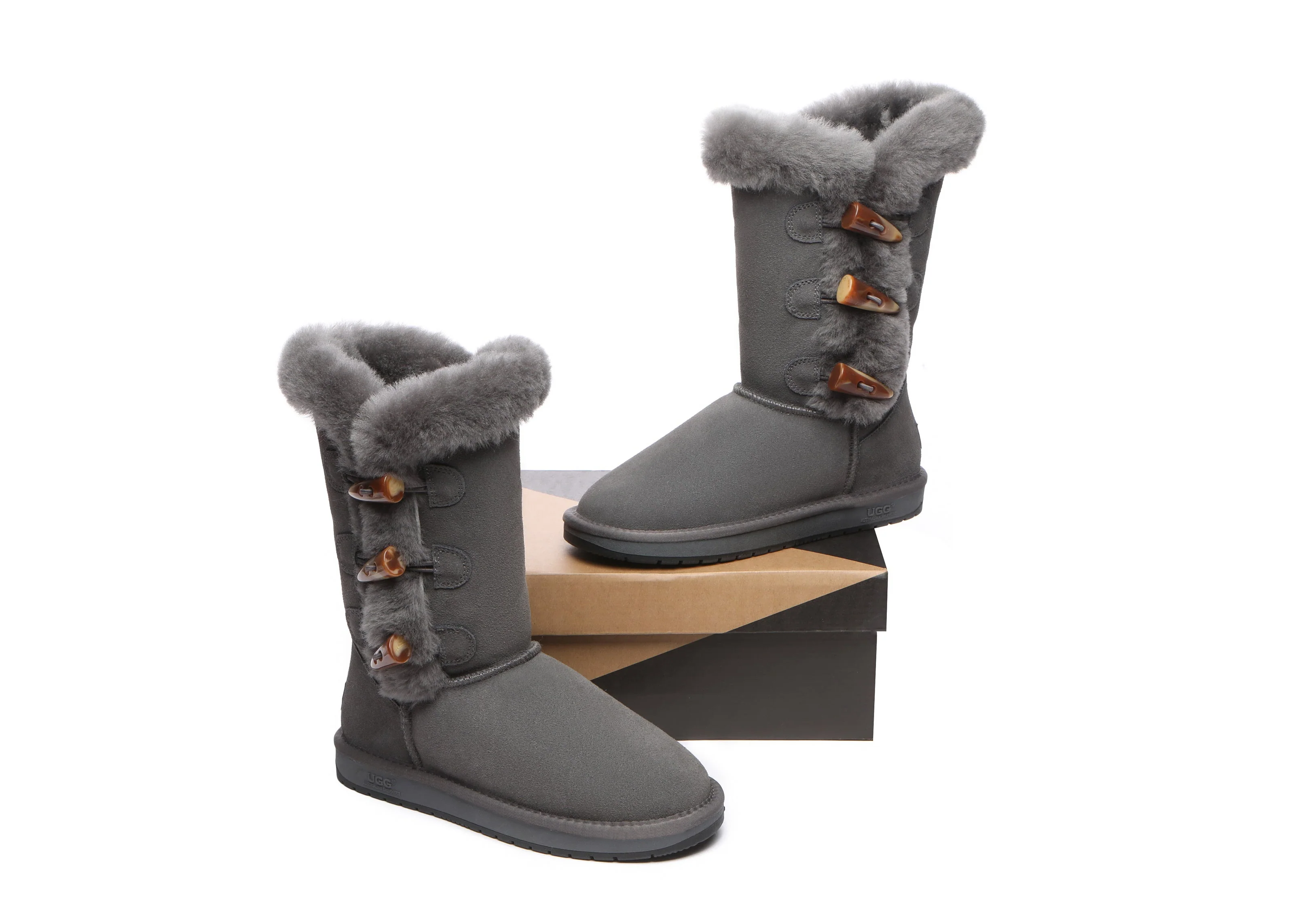 AUSTRALIAN SHEPHERD? UGG Boots Women Sheepskin Wool Horn Toggle Closure Tall Tamari