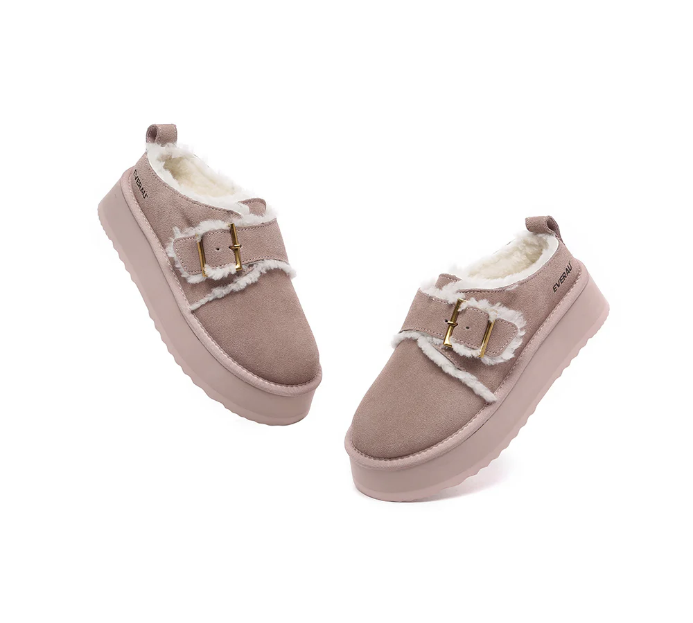 EVERAU? UGG Slippers Sheepskin Wool Adjustable Buckle Ankle Platform Tobias