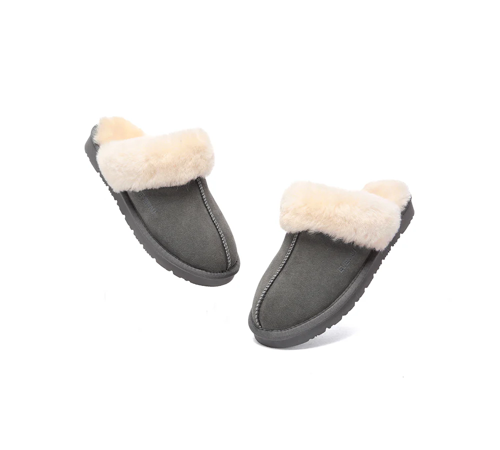 EVERAU? UGG Slippers Sheepskin Wool Suede Scuff Muffin