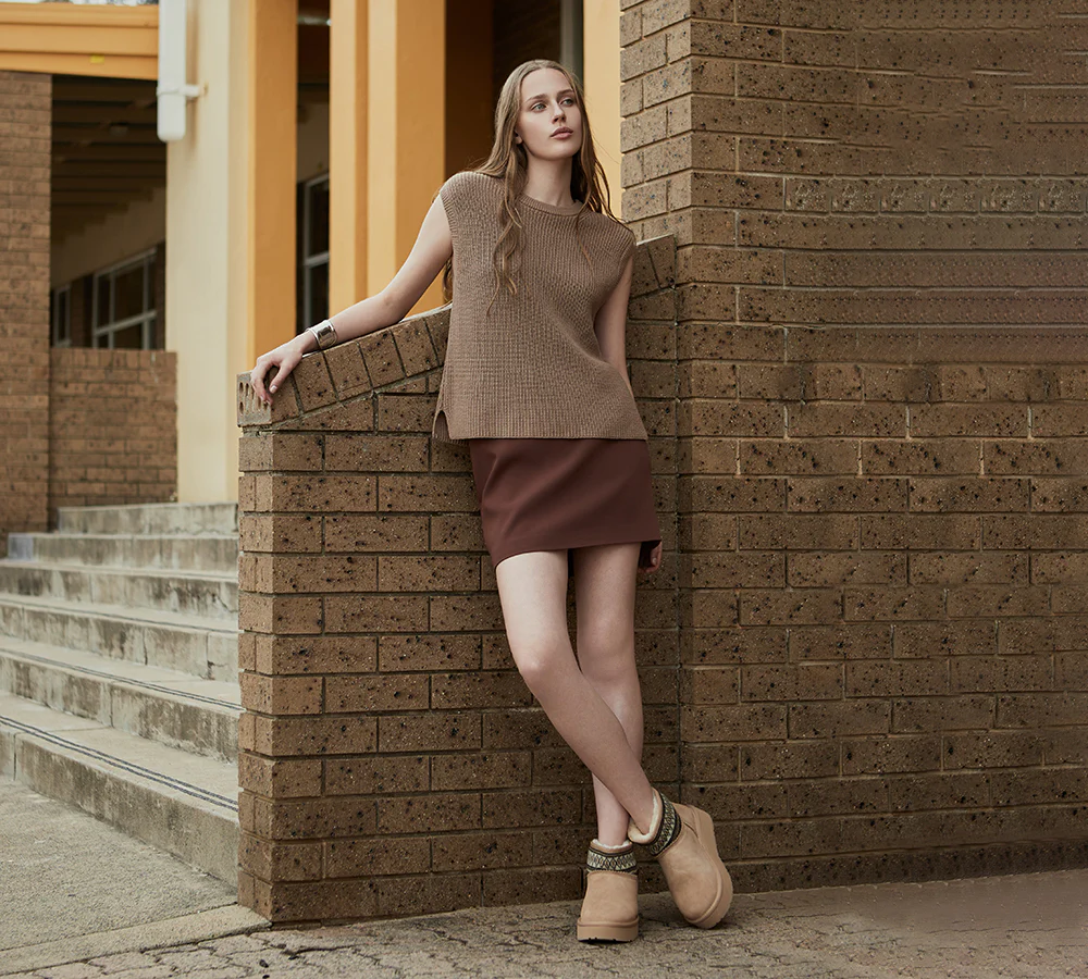 EVERAU? UGG Boots Sheepskin Wool Woven Ankle Platform Grantlee