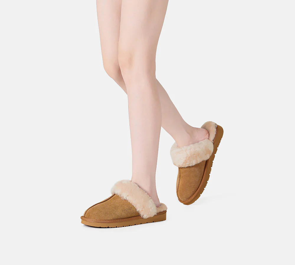 EVERAU? UGG Slippers Sheepskin Wool Suede Scuff Muffin