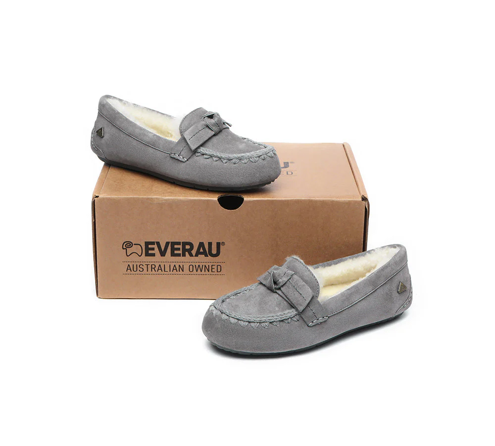 EVERAU? UGG Slippers Women Sheepskin Wool Bow Ankle Woven Moccasins