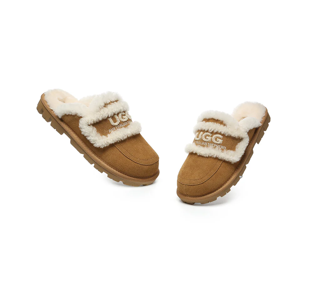 AUSTRALIAN SHEPHERD? UGG Slippers Women Sheepskin Wool Shearling Lined Rilee