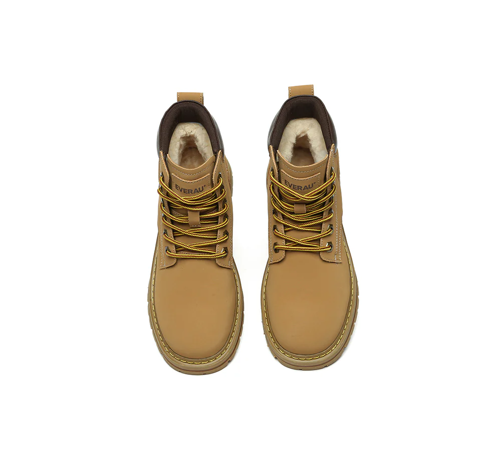 EVERAU? UGG Boots Women Leather Sheepskin Wool Lace Up Chunky Aubrey