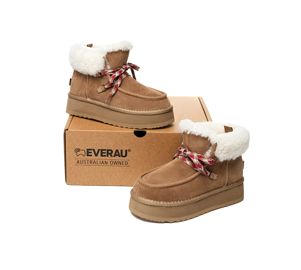 UGG EVERAU? UGG Boots Women Sheepskin Wool Lace Up Ankle Platform Honour