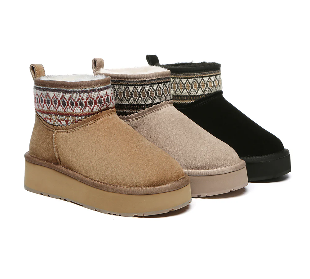 EVERAU? UGG Boots Sheepskin Wool Woven Ankle Platform Grantlee