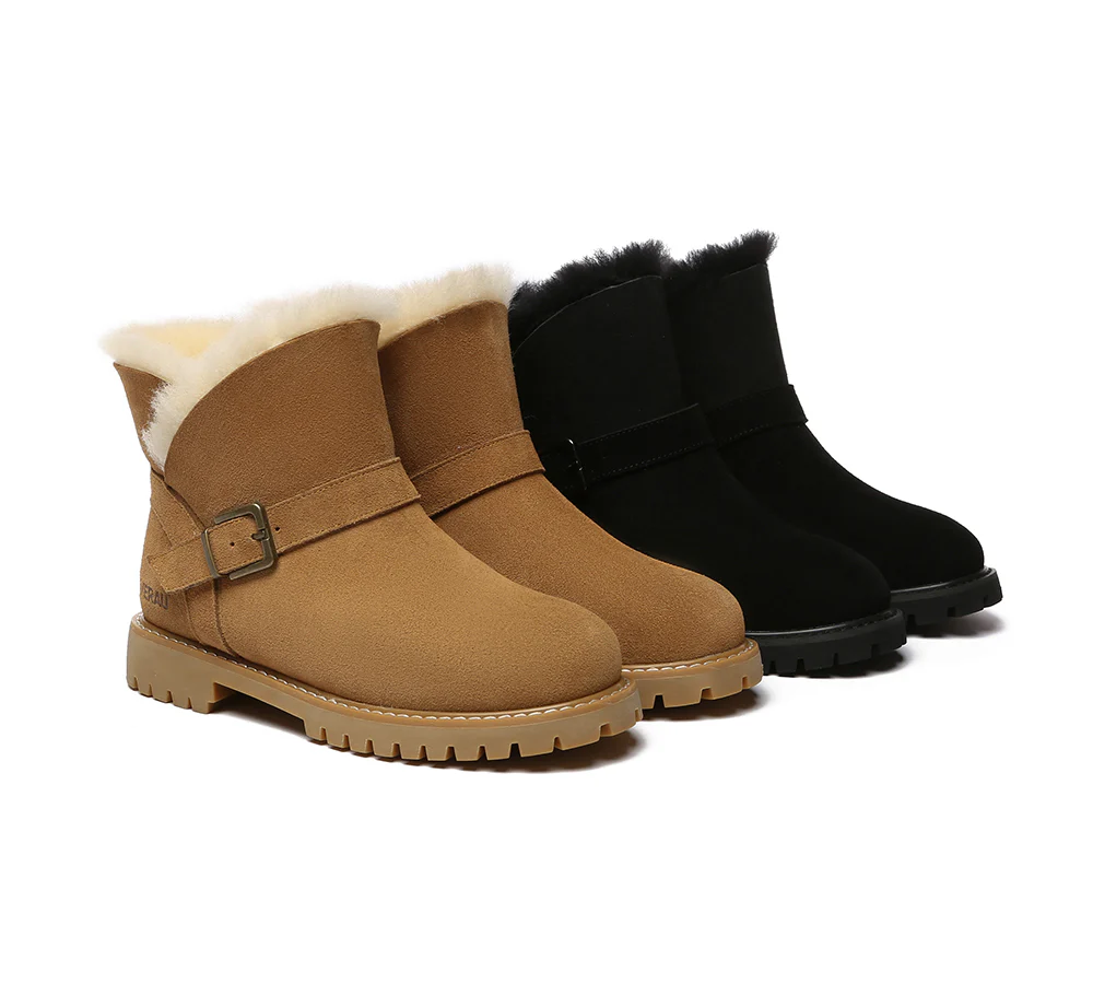 EVERAU? UGG Boots Women Sheepskin Wool Buckle Decor Ankle Polarwalk