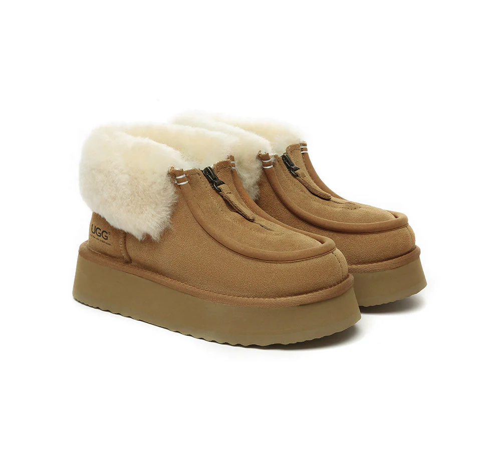 AUSTRALIAN SHEPHERD? UGG Boots Sheepskin Wool Collar Zipper Platform Ankle Boots