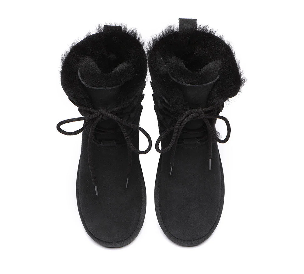 EVERAU? UGG Boots Women Sheepskin Wool Lace Up Tall Stark