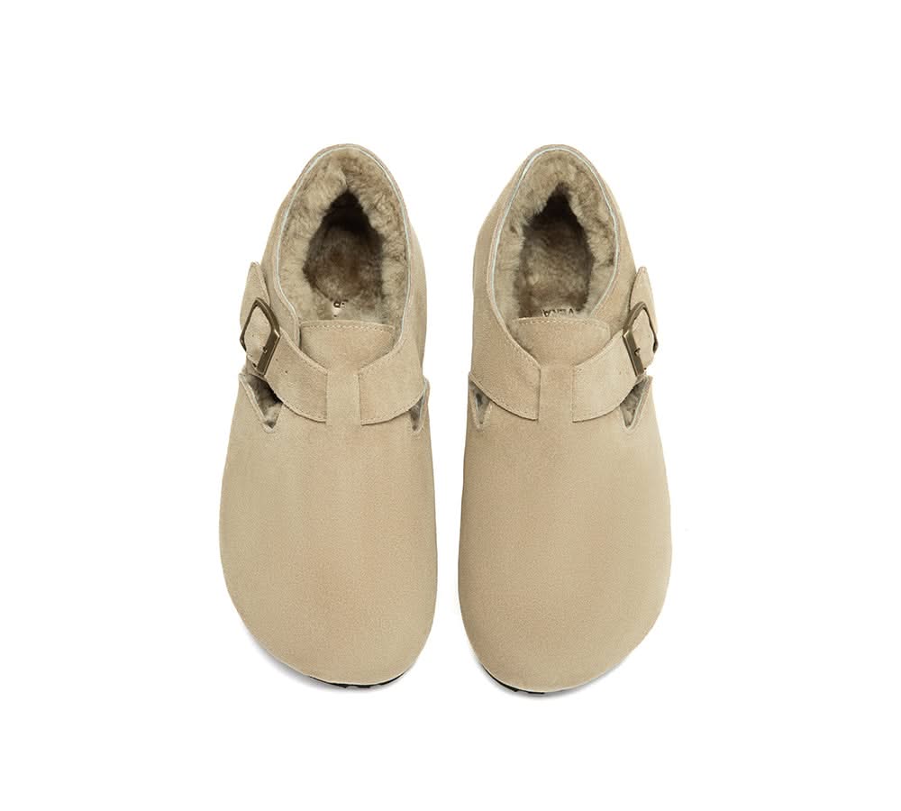 EVERAU? UGG Slippers Sheepskin Wool Adjustable Strap Clog Hazora