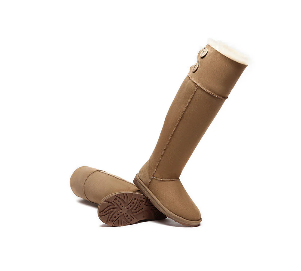 EVERAU? UGG Boots Women Double Faced Sheepskin Wool Tall Button Over-Knee Jenner