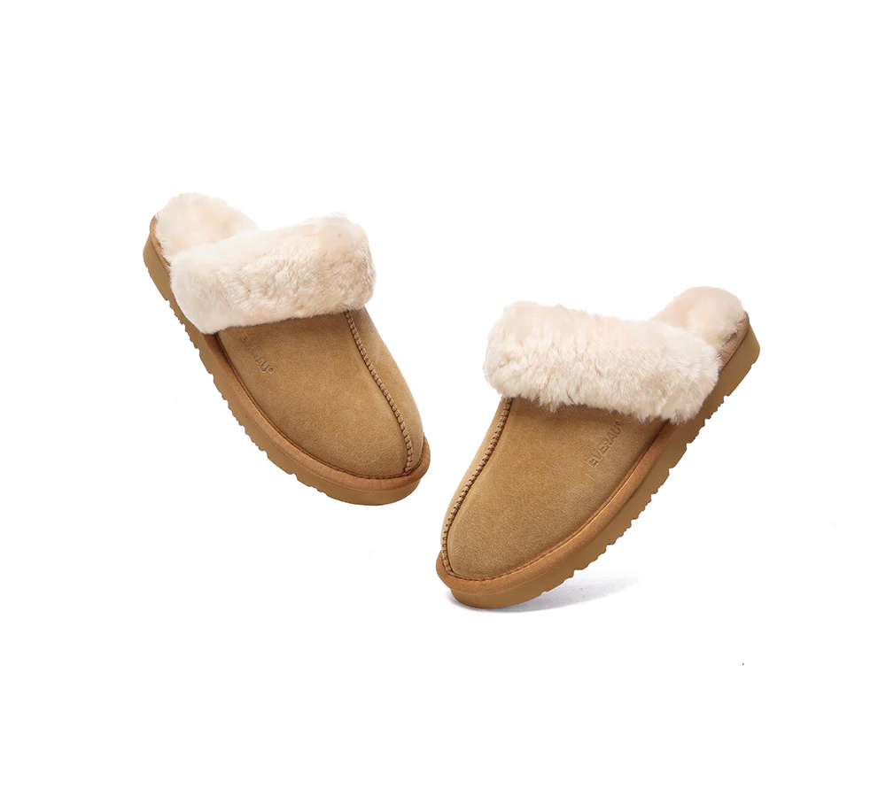 EVERAU? UGG Slippers Sheepskin Wool Suede Scuff Muffin