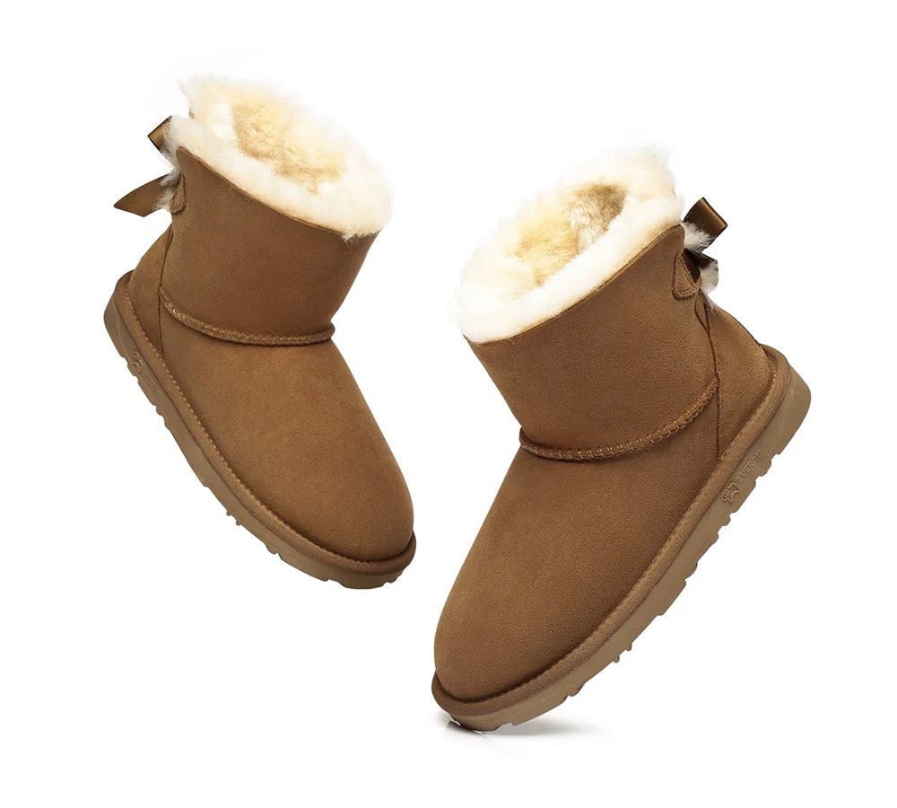 EVERAU? UGG Boots Women Sheepskin Wool Mini Single Back Bow