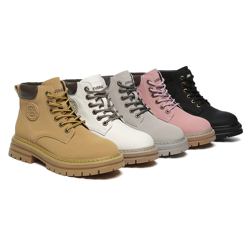 EVERAU? Women Leather Lace Up Chunky Boots Stephanie