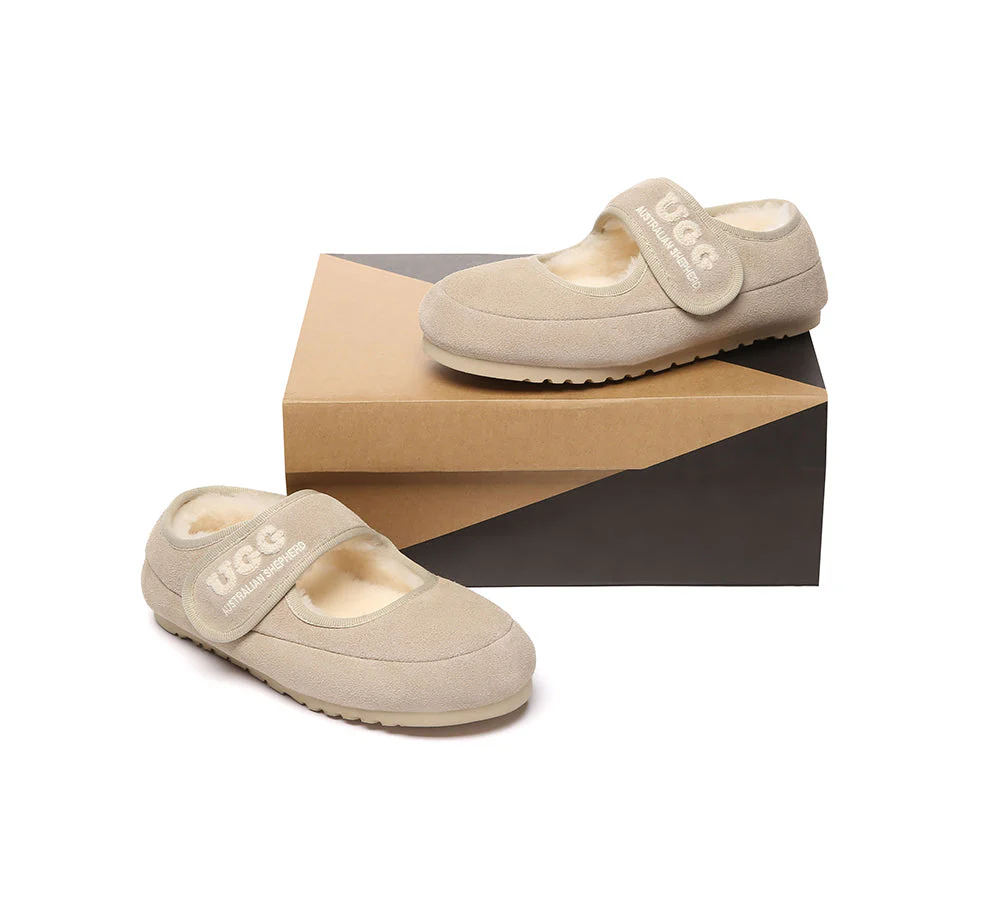 AUSTRALIAN SHEPHERD? UGG Slippers Sheepskin Wool Adjustable Strap Mary Jane Velvi