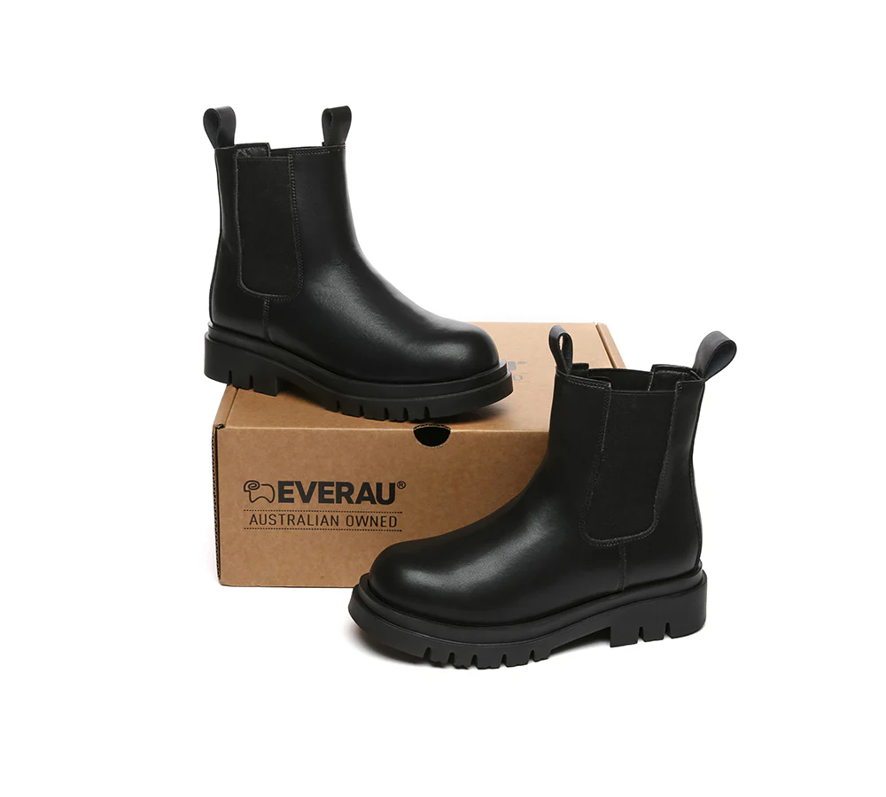 EVERAU? Women Leather Sheepskin Wool Black Chunky Boots Vaneta