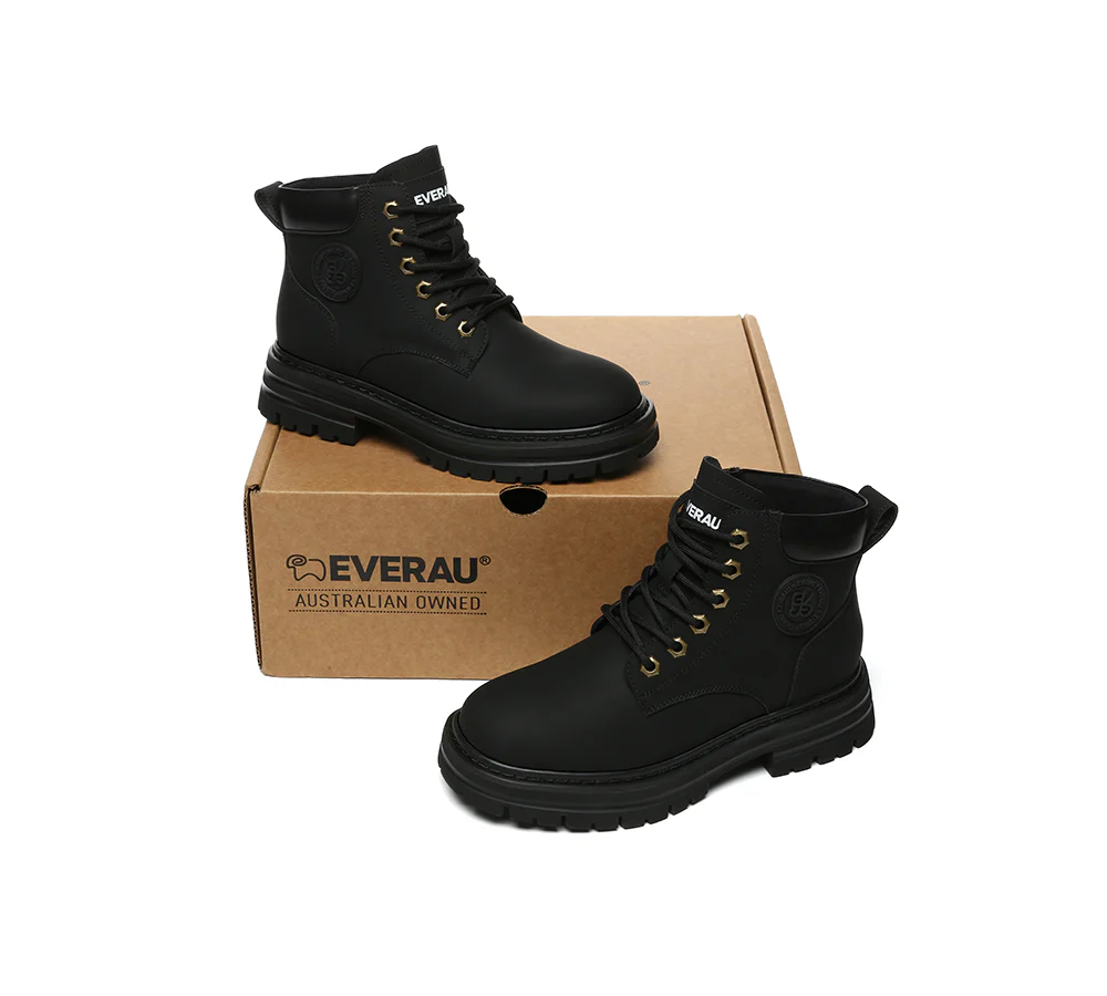 EVERAU? UGG Boots Women Leather Sheepskin Wool Lace Up Chunky Aubrey