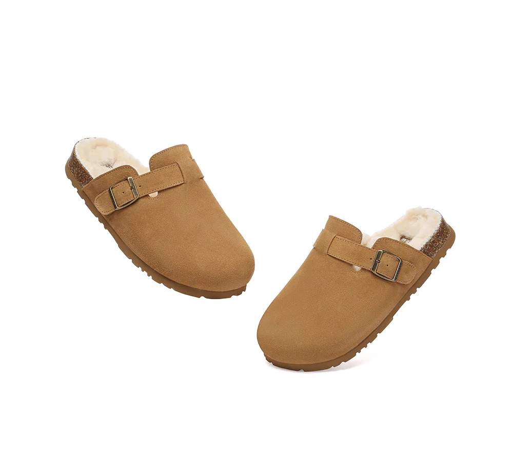 EVERAU? UGG Slippers Sheepskin Wool Adjustable Strap Clog Hazco
