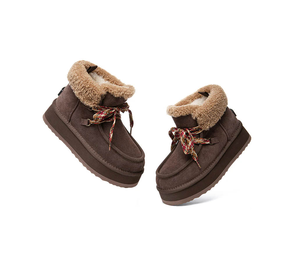 UGG EVERAU? UGG Boots Women Sheepskin Wool Lace Up Ankle Platform Honour