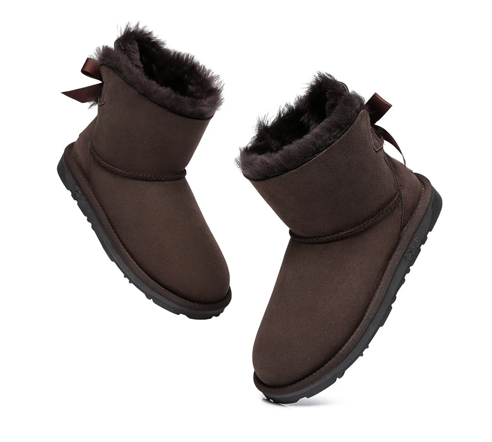 EVERAU? UGG Boots Women Sheepskin Wool Mini Single Back Bow