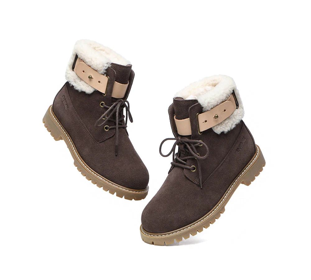 EVERAU? Women Sheepskin Wool Lace Up Fashion Boots Martin