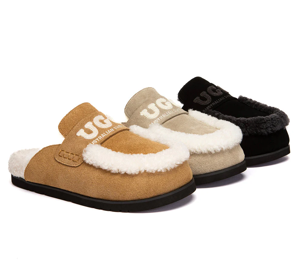 AUSTRALIAN SHEPHERD? UGG Slippers Women Sheepskin Wool Shearling Lora