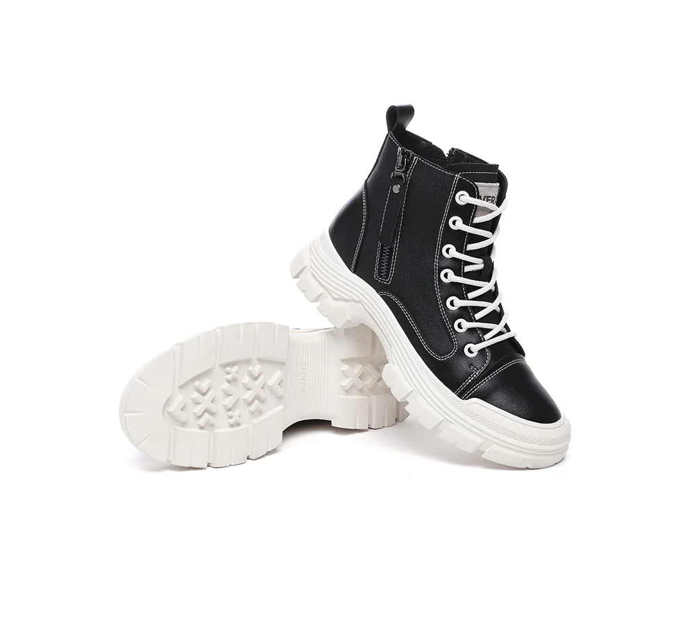 EVERAU? Women Leather Lace Up Zipper Chunky Boots Lorrin