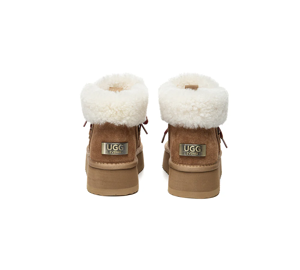 UGG EVERAU? UGG Boots Women Sheepskin Wool Lace Up Ankle Platform Honour