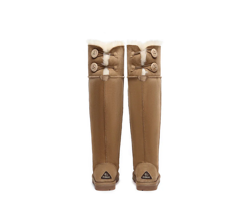 EVERAU? UGG Boots Women Double Faced Sheepskin Wool Tall Button Over-Knee Jenner