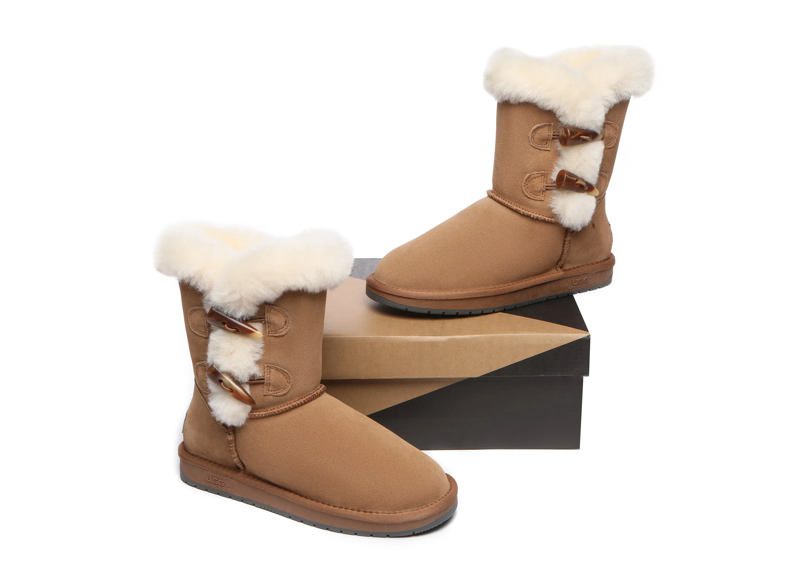 AUSTRALIAN SHEPHERD? UGG Boots Women Sheepskin Wool Horn Toggle Closure Short Talia