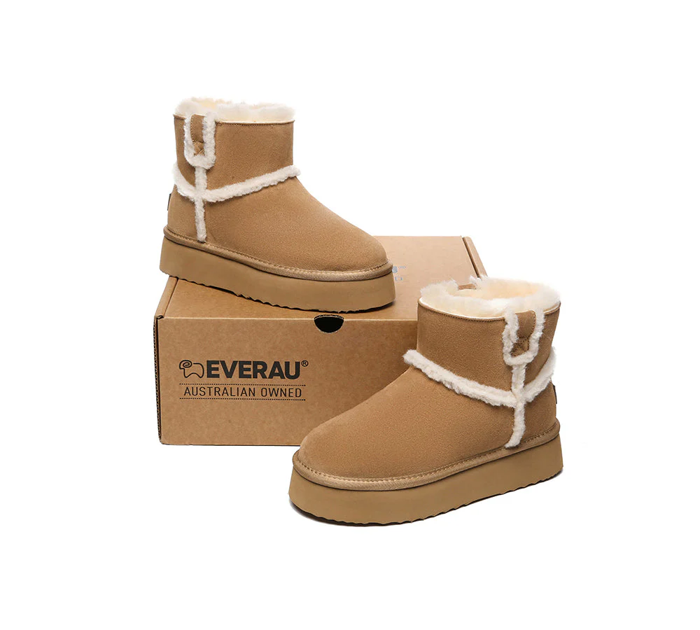 EVERAU? UGG Boots Women Sheepskin Wool Shearling Lined Ankle Platform Schunck