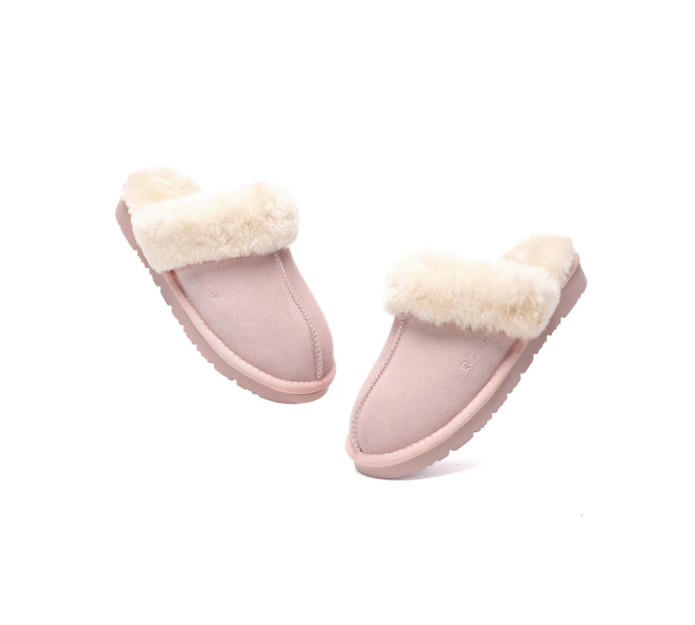 EVERAU? UGG Slippers Sheepskin Wool Suede Scuff Muffin