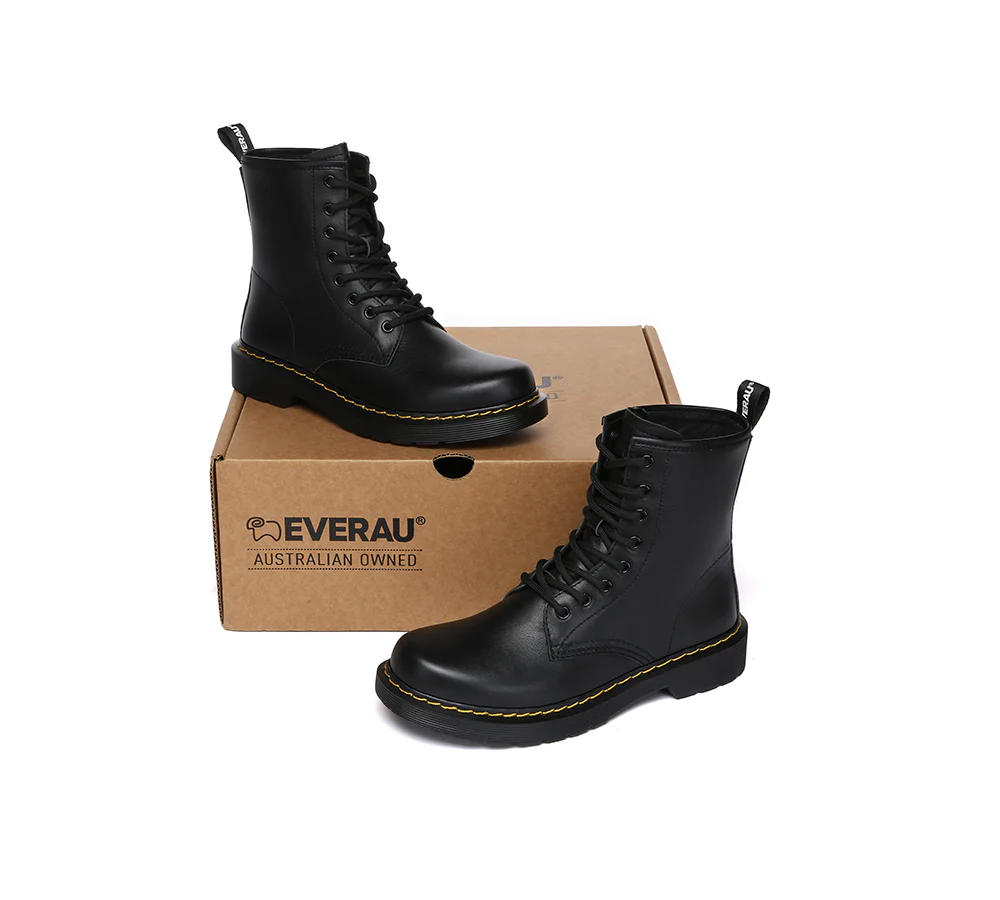 EVERAU? Women Leather Lace Up Black Chunky Boots Simona