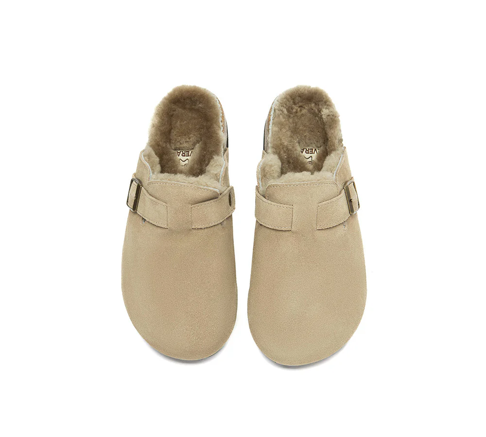 EVERAU? UGG Slippers Sheepskin Wool Adjustable Strap Clog Hazco