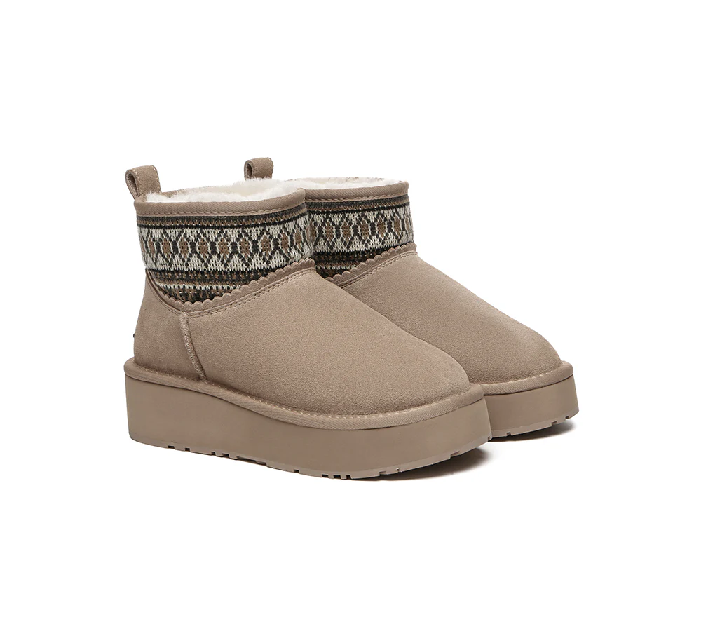 EVERAU? UGG Boots Sheepskin Wool Woven Ankle Platform Grantlee