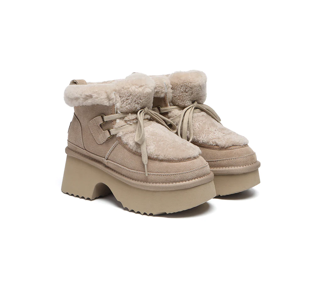 AUSTRALIAN SHEPHERD? UGG Boots Women Sheepskin Wool Lace Up Chunky Platform Bumpy