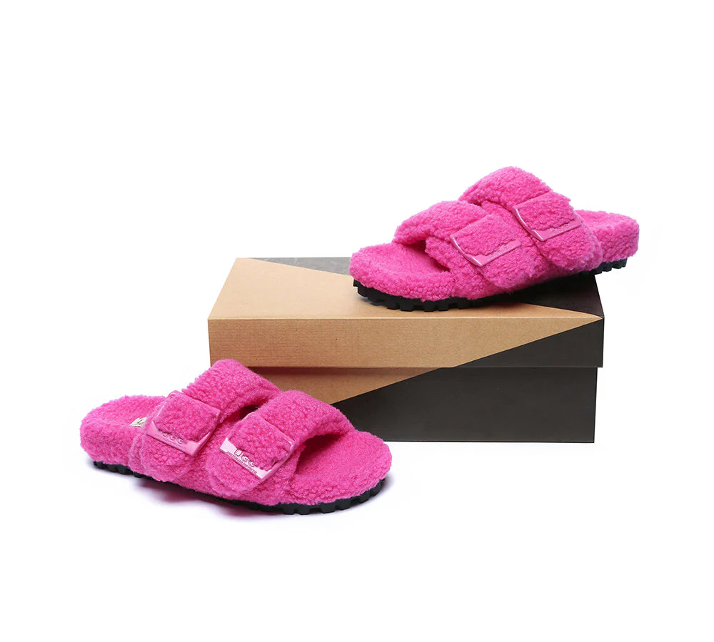 AUSTRALIAN SHEPHERD? UGG Women Shearling Buckle Sandal Slides Jennie