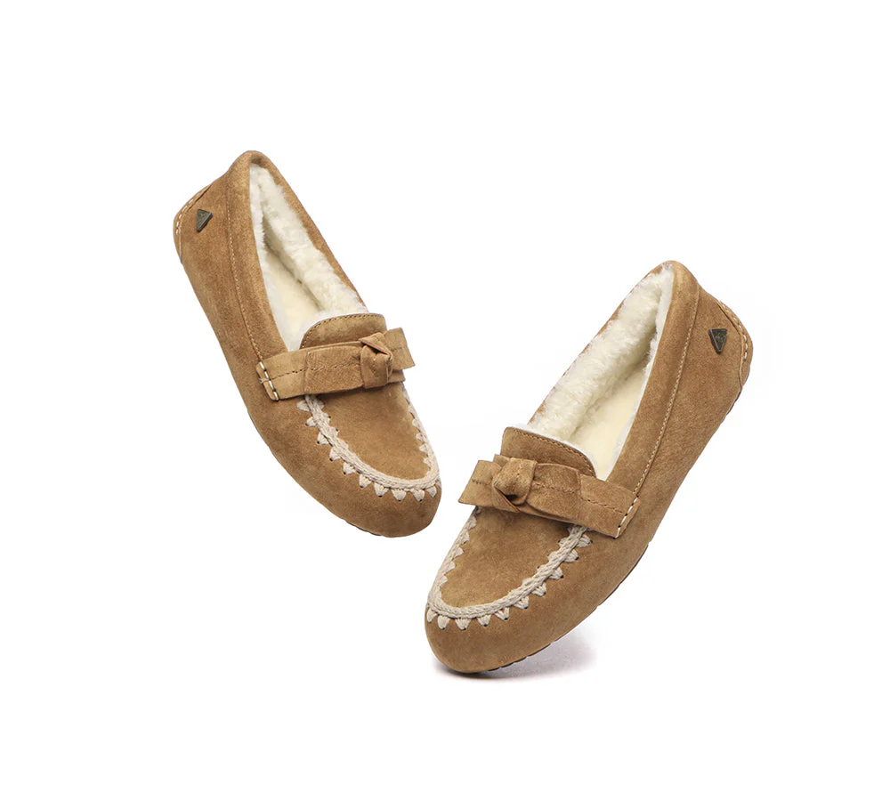 EVERAU? UGG Slippers Women Sheepskin Wool Bow Ankle Woven Moccasins