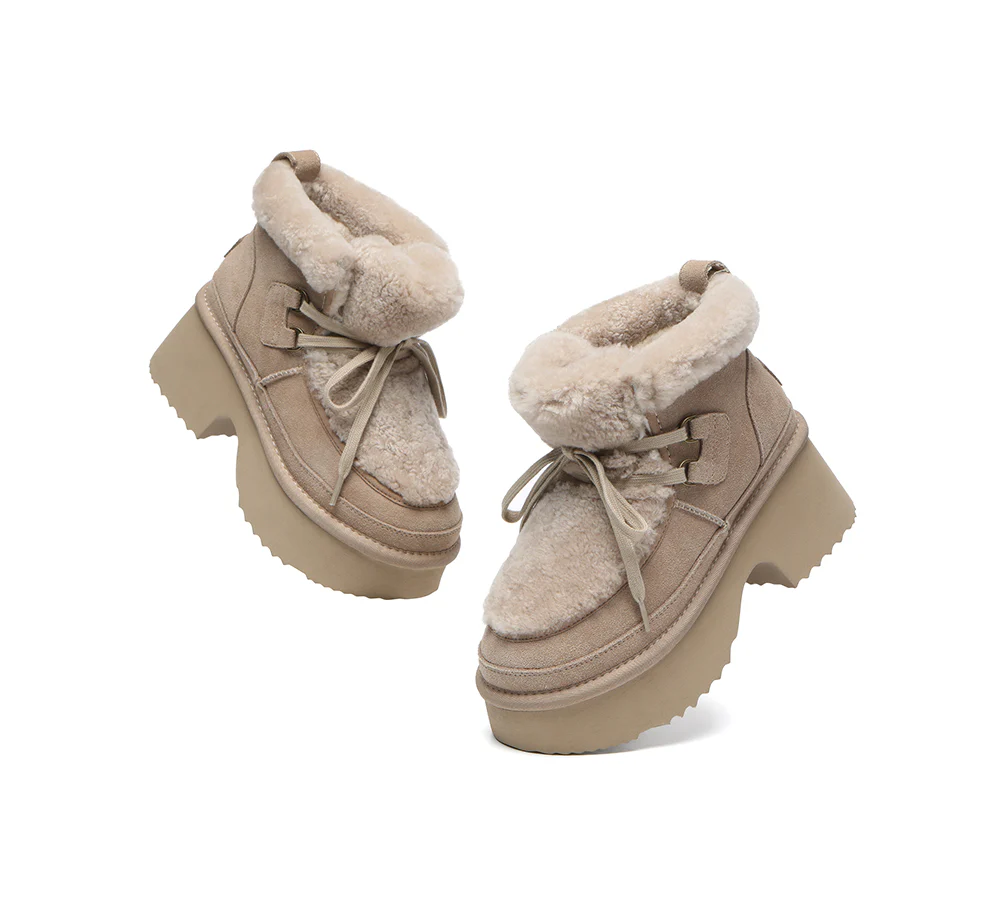 AUSTRALIAN SHEPHERD? UGG Boots Women Sheepskin Wool Lace Up Chunky Platform Bumpy