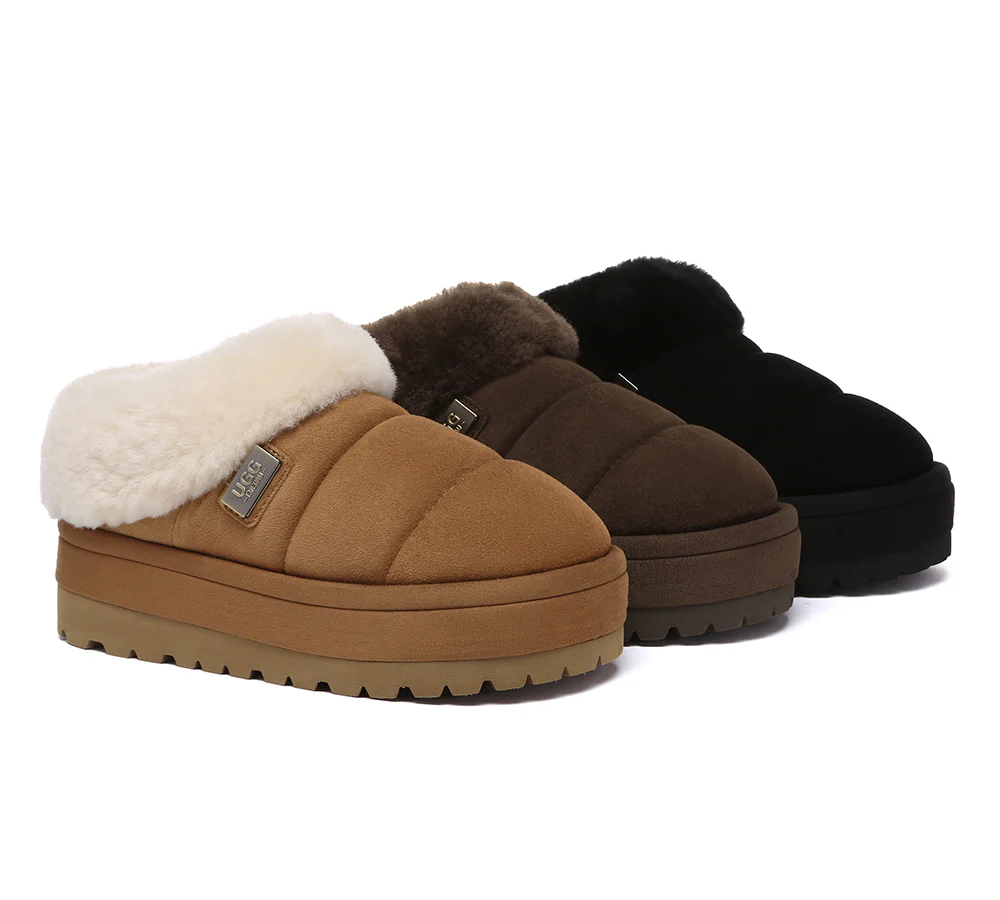 UGG EVERAU? UGG Slippers Women Sheepskin Wool Collar Ankle Platform Ulrika