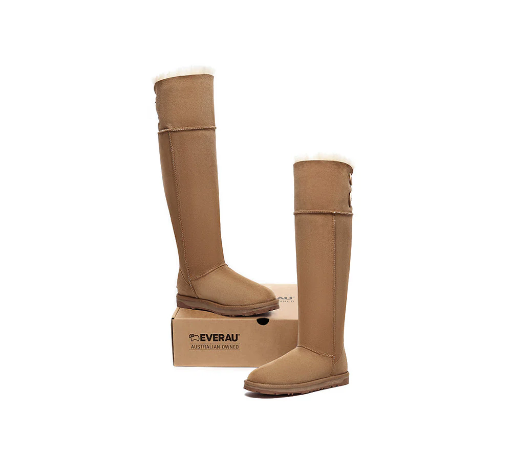 EVERAU? UGG Boots Women Double Faced Sheepskin Wool Tall Button Over-Knee Jenner