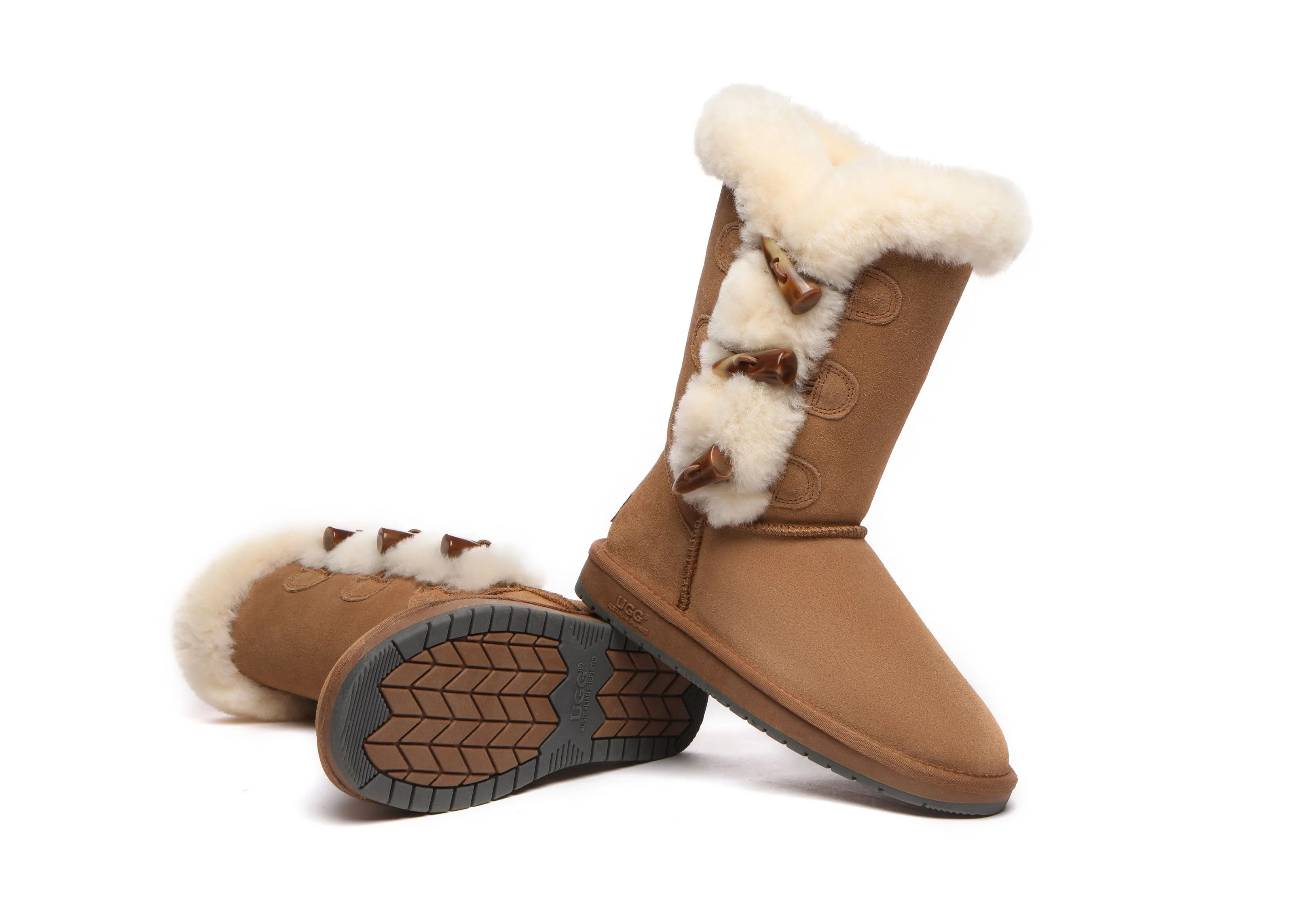 AUSTRALIAN SHEPHERD? UGG Boots Women Sheepskin Wool Horn Toggle Closure Tall Tamari