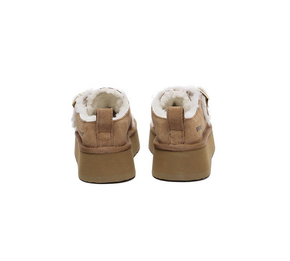 EVERAU? UGG Slippers Sheepskin Wool Adjustable Buckle Ankle Platform Tobias